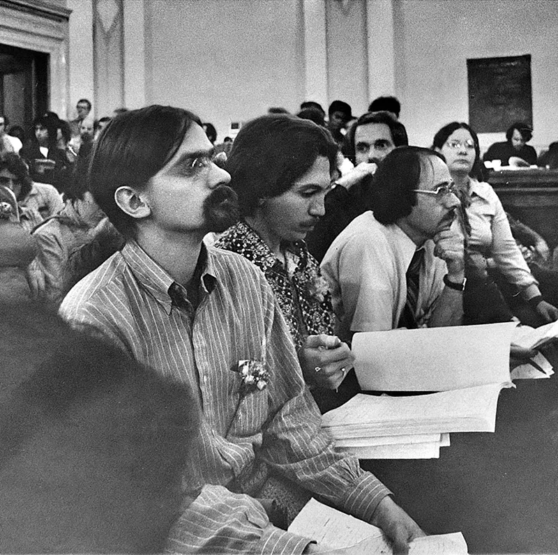 Image: Gay Coalition of Denver leaders (from left) Terry Mangan, Cordell Boyce and Gerald Gerash wait to speak at a 1973 Denver City Council meeting.