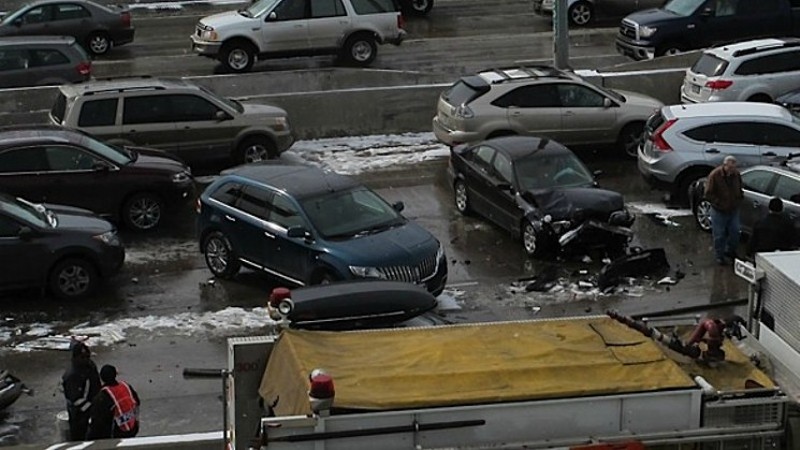 A photo from a multi-care pileup on Interstate 25 in March 2014 that killed one and injured thirty.