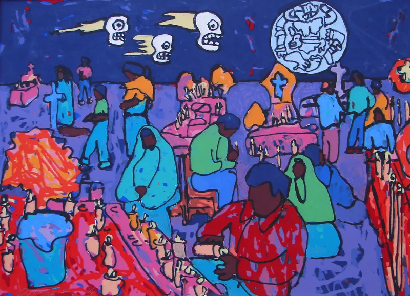 Image: abstract painting of people sitting around and talking