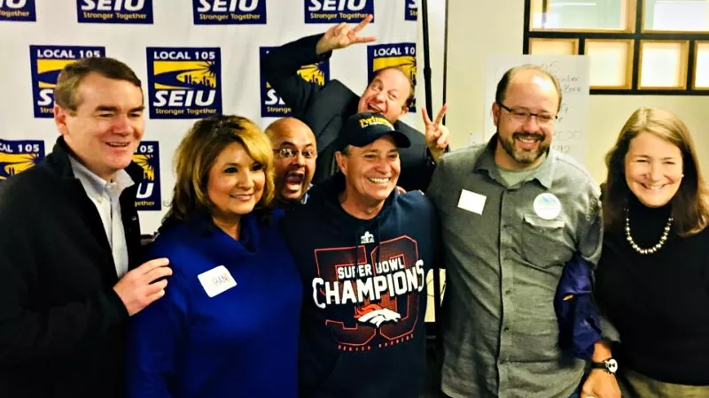 Image: Yes, that's Governor-elect Jared Polis photo-bombing a pic with Representative Diana DeGette, right, joined by Representative Ed Perlmutter and Senator Michael Bennet, among others.