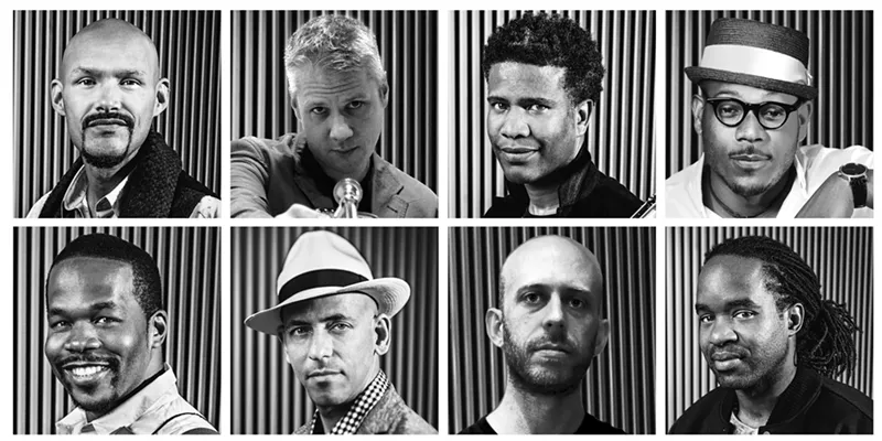Image: SFJazz Collective is (from top left) Miguel Zenón, Marshall Gilkes, David Sánchez and Etienne Charles, and (from bottom left) Warren Wolf, Edward Simon, Matt Brewer and Obed Calvaire.