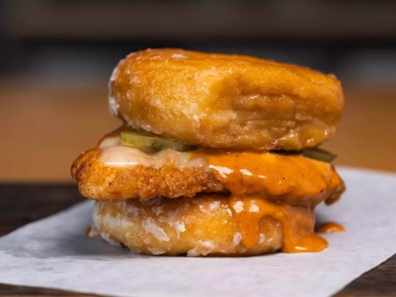 Image: fried chicken sandwich on a donut bun