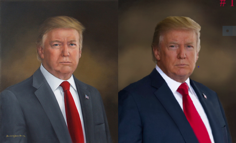 Image: Donald Trump's maligned presidential portrait versus the reference photograph it was based on.