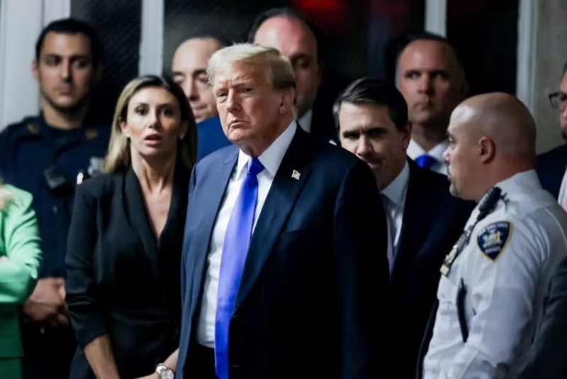 Donald Trump leaves the Manhattan courtroom after being found guilty on all 34 counts in his hush money trial on May 30.