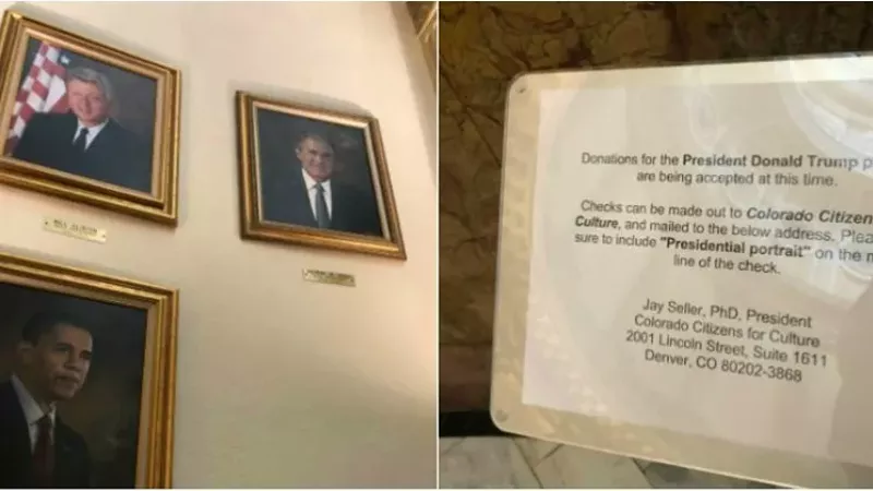 Image: Recent presidential portraits at the Colorado State Capitol and the notice about how to donate toward the creation of a similar image honoring President Donald Trump.