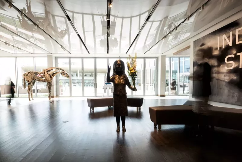 Image: The art offerings on the fourth-floor lobby of the Art Hotel include, from left to right: Deborah Butterfield's "Otter," Kiki Smith's "Singer," and Edward Ruscha's "Industrial Strength Sleep."