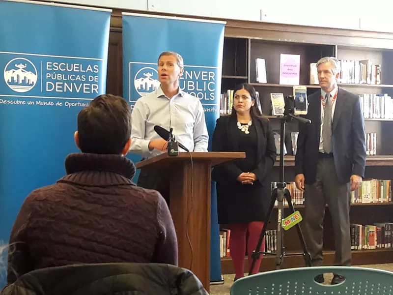 Image: Denver Public Schools Superintendent Tom Boasberg announced the expansion of a pilot program to prioritize low-income students under the Strengthening Neighborhoods Initiative on January 23.