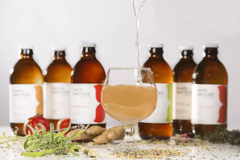 Image: A glass of Rowdy Mermaid kombucha.