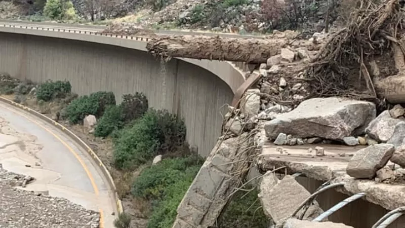 Image: A CDOT photo showing extensive damage to Interstate 70 through Glenwood Canyon.