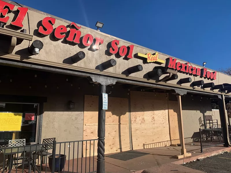 Image: boarded up Mexican restaurant