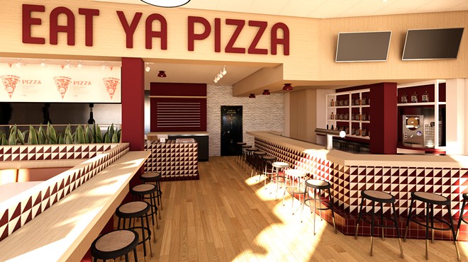 rendering of the interior of a restaurant with an "eat'ya pizza" sign