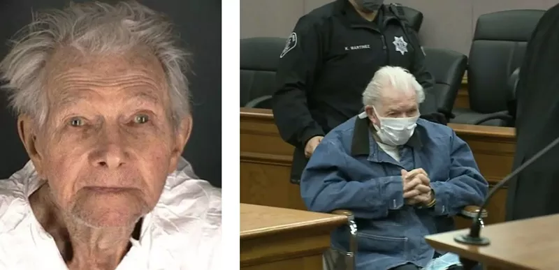 Image: Okey Payne's booking photo and an image from a February court appearance.