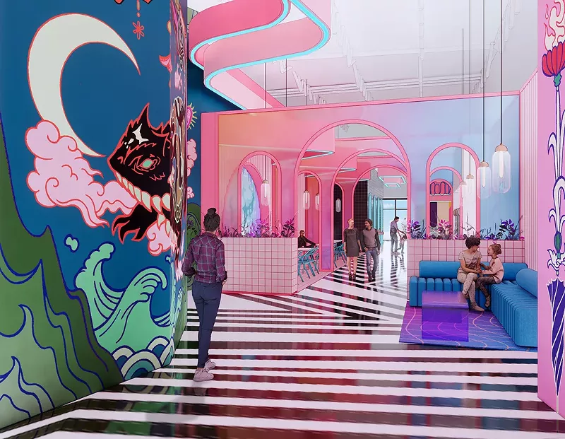 Image: a pink room with a blue mural and striped floors