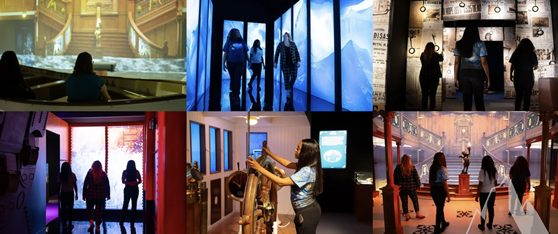 Image: pictures of people walking through halls and interacting with props