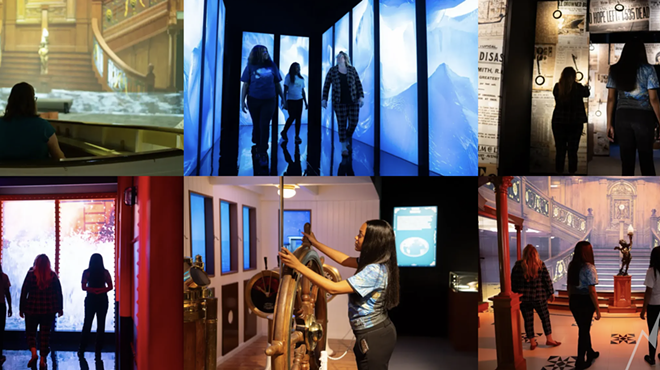 pictures of people walking through halls and interacting with props
