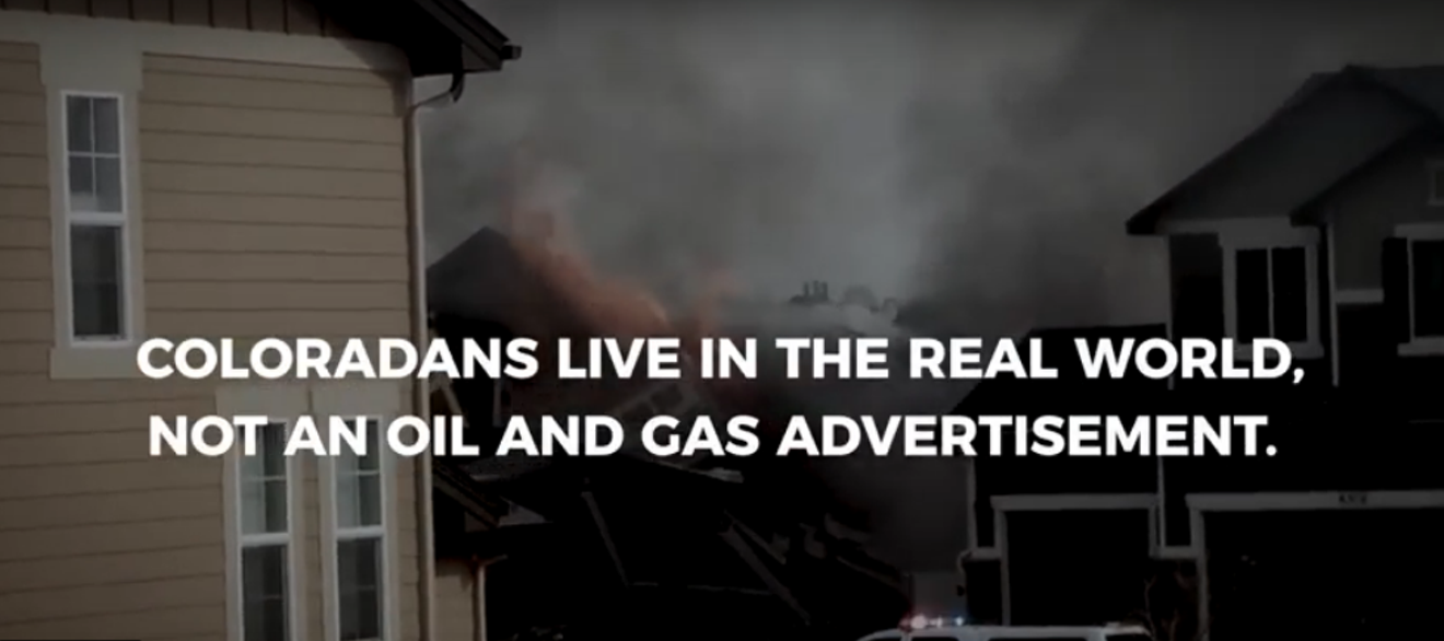 A new pro-Proposition 112 advertisement juxtaposes industry videos about fracking and oil drilling with news footage of the hazards associated with it.