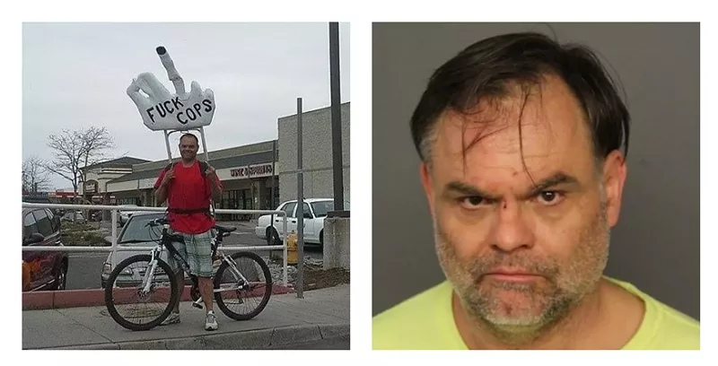 Image: A photo of Eric Brandt with his "Fuck Cops" sign and his 2019 booking photo.
