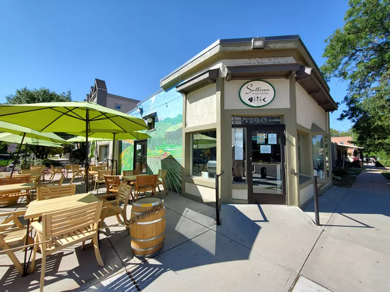 Image: outside of restaurant with patio.