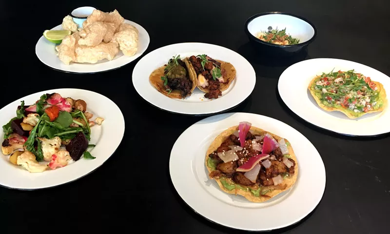 Image: A variety of tacos and tostadas from the new Campobaja pop-up at Zeppelin Station.