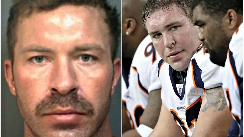 Image: Justin Bannan's booking photo and a shot from his stint with the Denver Broncos.