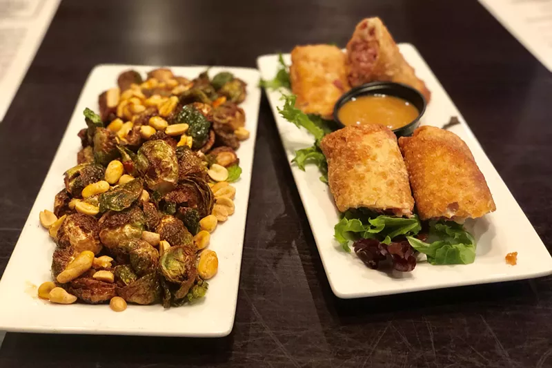 Image: Brussels sprouts with lots of peanuts, and Irish egg rolls.