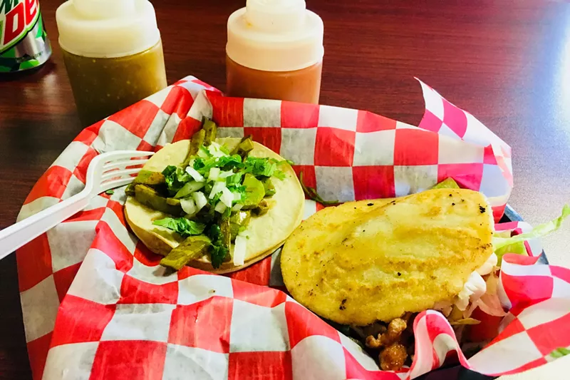 Image: A nopal taco and a gordita at Taqueria Corona.