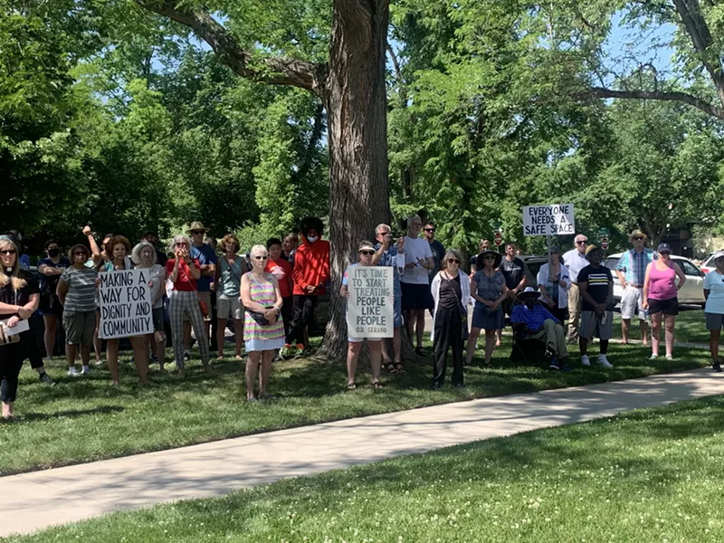 Image: Supporters of safe-camping sites gathered outside the Park Hill United Methodist Church on June 15.
