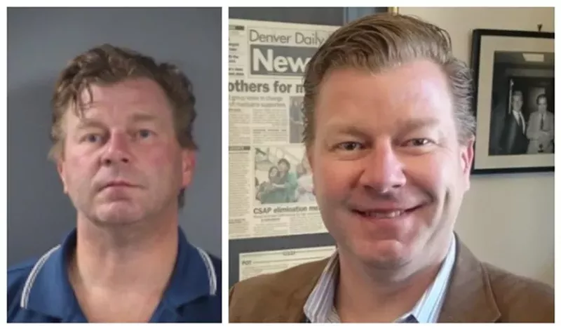 Image: A recent mug shot of Rob Corry juxtaposed with a 2017 photo taken in his Denver office