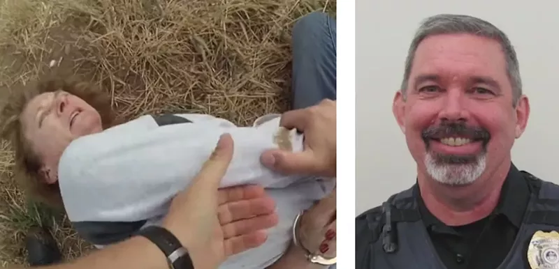 Image: A screen capture from body-worn footage of Karen Garner's brutal arrest and a portrait of now-former Loveland Police Sergeant Philip Metzler.