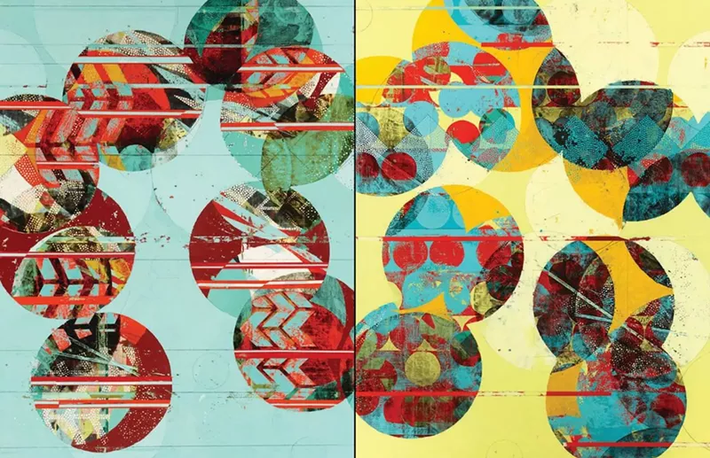 Image: Nina Tichava, “Float Feather Primary Combined,” 2018, painting and collage on panel.