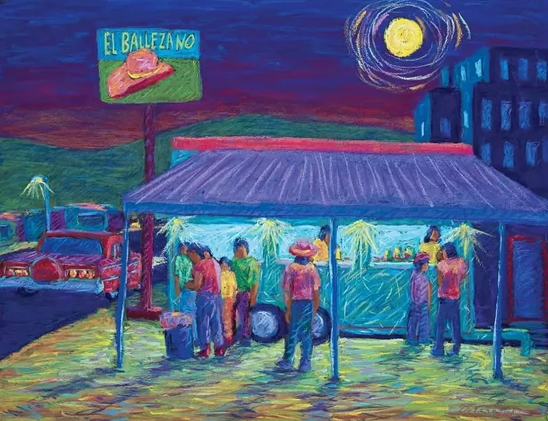 Image: Tony Ortega, “El Ballezano Puesto por la Federal Boulevard,” pastel on paper.