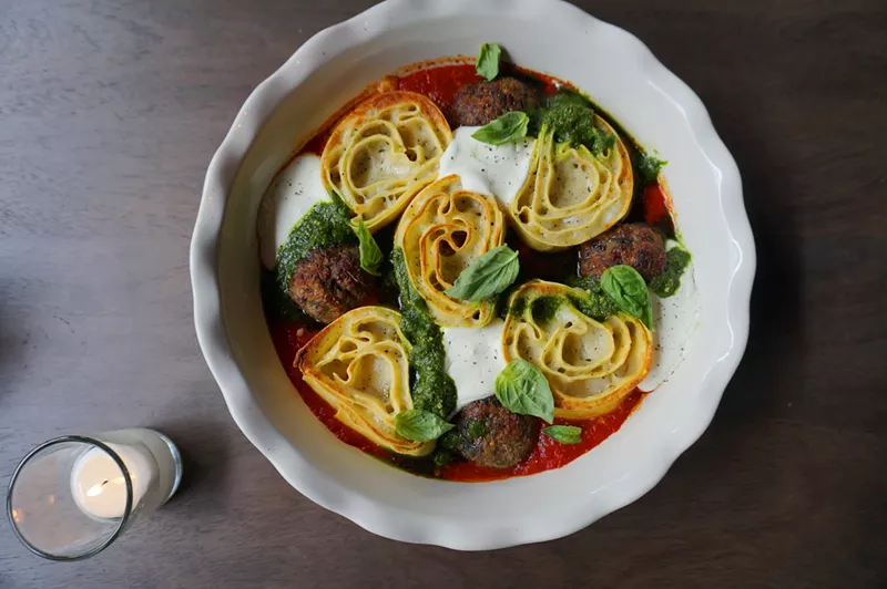 Image: Quality Italian's lasagna uses rolled pasta and filet mignon meatballs instead of the typical layered configuration.