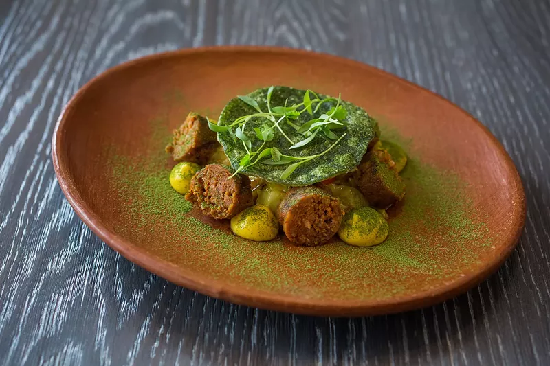 Image: Tostada de hoja santa with shrimp escabeche and Argentinian chorizo.