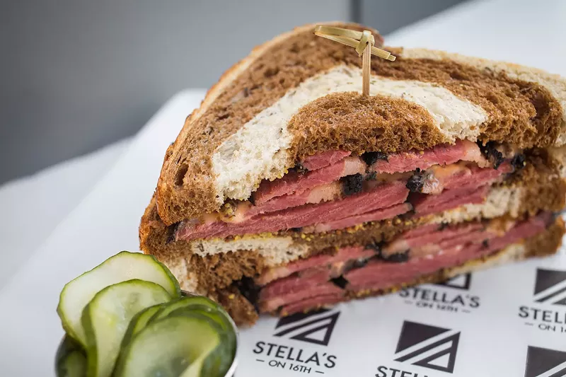Image: Housemade pastrami on marble rye.