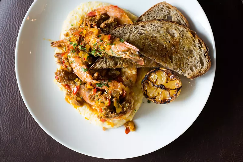 Image: Whole shrimp with goat-cheese grits and chorizo.