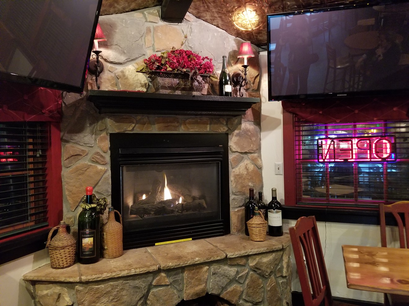 Wine and a fireplace at Virgilio's — the perfect winter retreat.