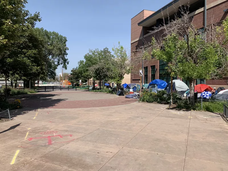 Image: The plaza between Sonny Lawson Park and the Blair-Caldwell African American Research Library.