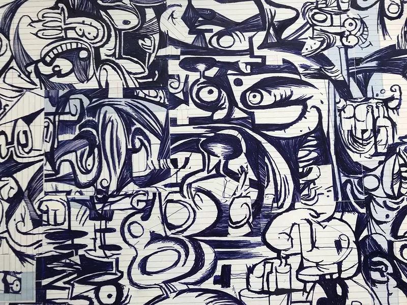 Image: An ink drawing by Matt O'Neill, currently on view at Lane Meyer Projects.