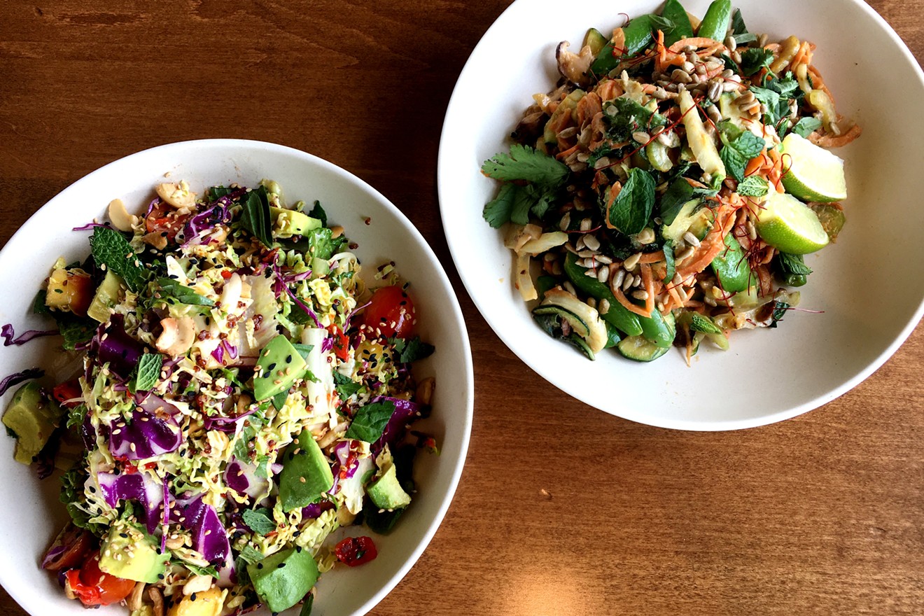 Flower Child's Vietnamese Crunch salad and Glow Bowl, made with sweet-potato noodles.