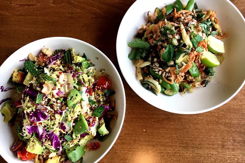 Image: Flower Child's Vietnamese Crunch salad and Glow Bowl, made with sweet-potato noodles.