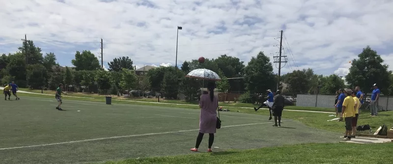 Image: A view from the sidelines as Tatum Bell boots a ball during the 4/20 Games.