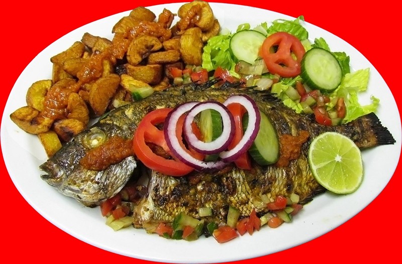 Fried fish and plantains from Akwaba African Restaurant.