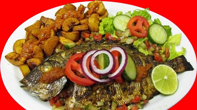 fried fish and plantains on a platter