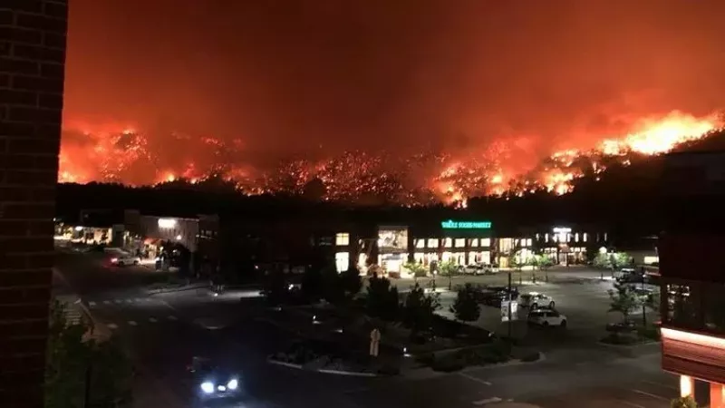 Image: A photo shared by the Eagle County Sheriff's Office on July 4 to demonstrate how close the Lake Christine fire had gotten to local businesses.