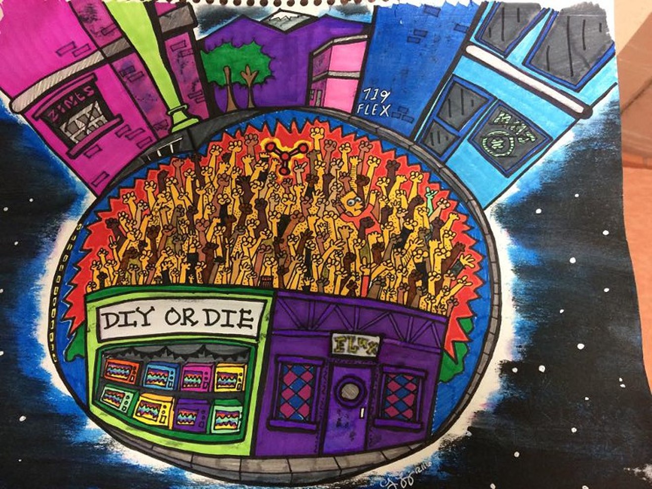 A mural posted to Flux Capacitor's Facebook page reads "DIY OR DIE."