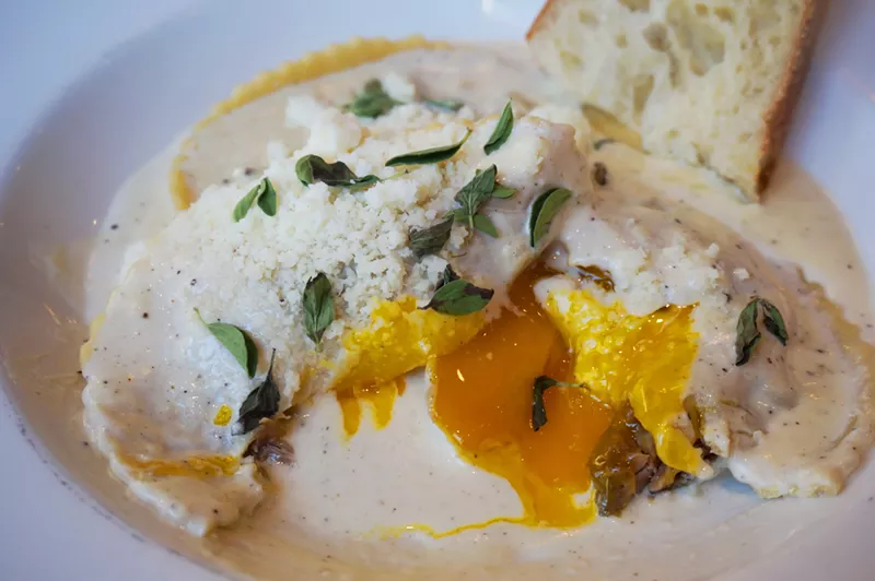Image: Theses giant ravioli at DiFranco's are filled with egg yolk and shredded duck.
