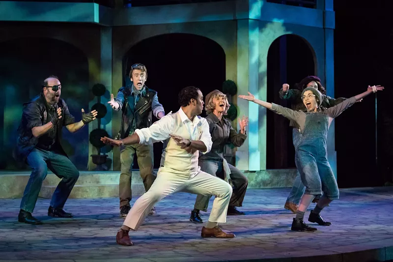 Image: Logan Ernstthal, Kyle J. Lawrence, Walter Kmiec, Matara Hitchcock, Lucinda Lazo, and Chloe McLeod in The Two Gentlemen of Verona at the Colorado Shakespeare Festival.