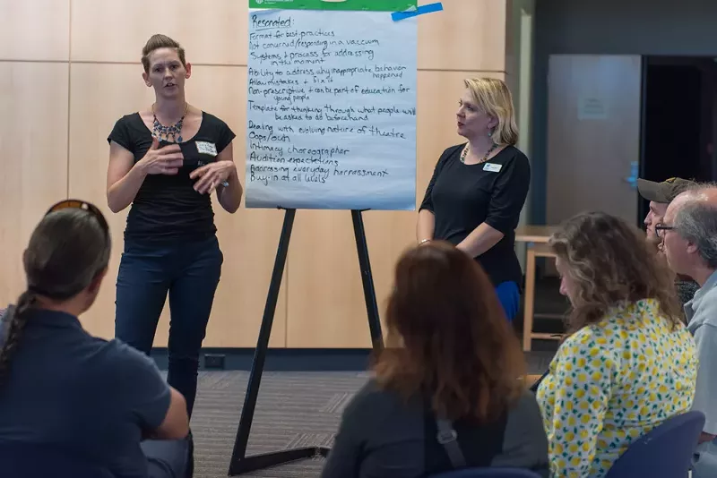 Image: Angela Astle of the Athena Project listening to participants at the Not in Our House: Boulder Theatre Community in Conversation.