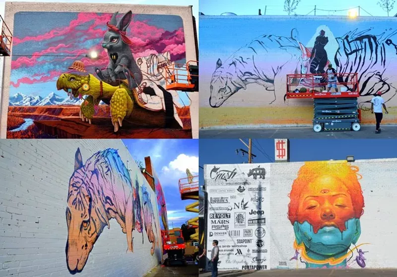 Image: CRUSH murals by Dulk (upper left), two photos of the mural by Jose Mertz and Woes, and a piece by Max Sansing (lower right).