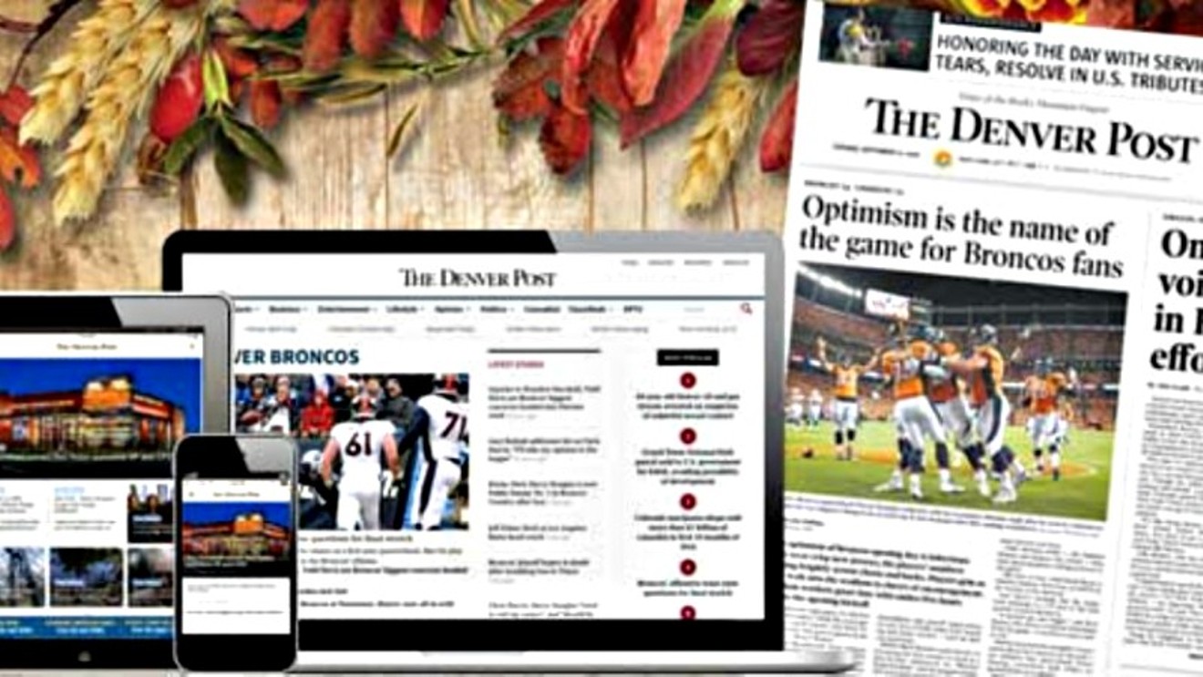 An image sent by the Denver Post as part of a Thanksgiving weekend delivery offer. Note the totally dated headline about Broncos fans remaining optimistic.